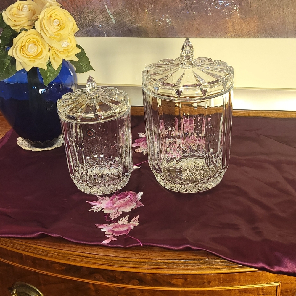 2 St. George Crystal Large Lided Canisters.